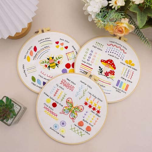 Louise Maelys Embroidery Kits for Beginners,4 Packs Practice Tool,Beginner Embroidery Kit for Adults,Learn 30 Basic Stitches,DIY Hand Sewing Gift Cross Stitch Starter with Hoop and Instruction