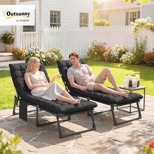 Outsunny Chaise Lounge Chair Outdoor Set of 2, 5-Position Reclining Pool Lounge Chairs with Cushions, Side Pocket, Headrest, Folding Lounger Tanning Chair Camping Cot for Patio, Beach, Black