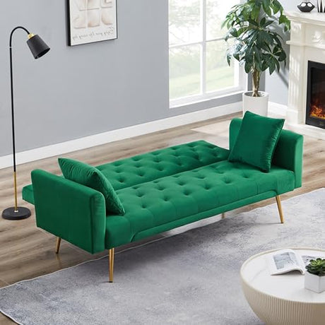 71.65'' Convertible Sofa Bed Modern Futon Set, Velvet Foldable Reclining Loveseat, Three Adjustment Angles,Mid Century Modern Couches for Living Room/Bedroom/Apartment, Easy Assembly,Green Meqiodas