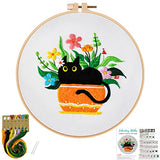 Louise Maelys Embroidery kit with Cat Plant Stamped for Starters, Cross Stitch Kits for Beginners Adults, Include Embroidery Cloth, Hoop,Needles,Instruction and Threads