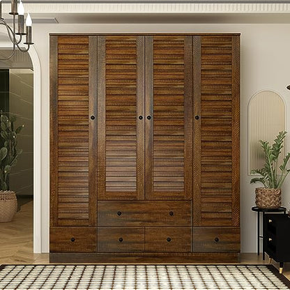 Hitow Wardrobe Armoire with 4 Louvered Doors, Wardrobe Cabinet for Hanging Clothes with 5 Drawers, Bedroom Armoire Dresser Wardrobe Clothes Organizer, Dark Walnut (59.1" W x 19.1" D x 70.5" H - WoodArtSupply