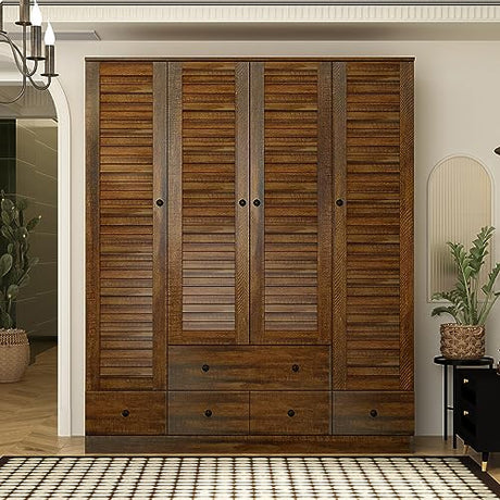Hitow Wardrobe Armoire with 4 Louvered Doors, Wardrobe Cabinet for Hanging Clothes with 5 Drawers, Bedroom Armoire Dresser Wardrobe Clothes Organizer, Dark Walnut (59.1" W x 19.1" D x 70.5" H) Hitow