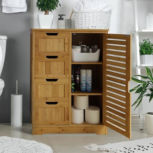 Yardenaler Bamboo Bathroom Storage Cabinet with 4 Drawers & 2 Removable Shelves, Freestanding Storage Organizer Multifunctional for Living Room, Bedroom, Natural - WoodArtSupply