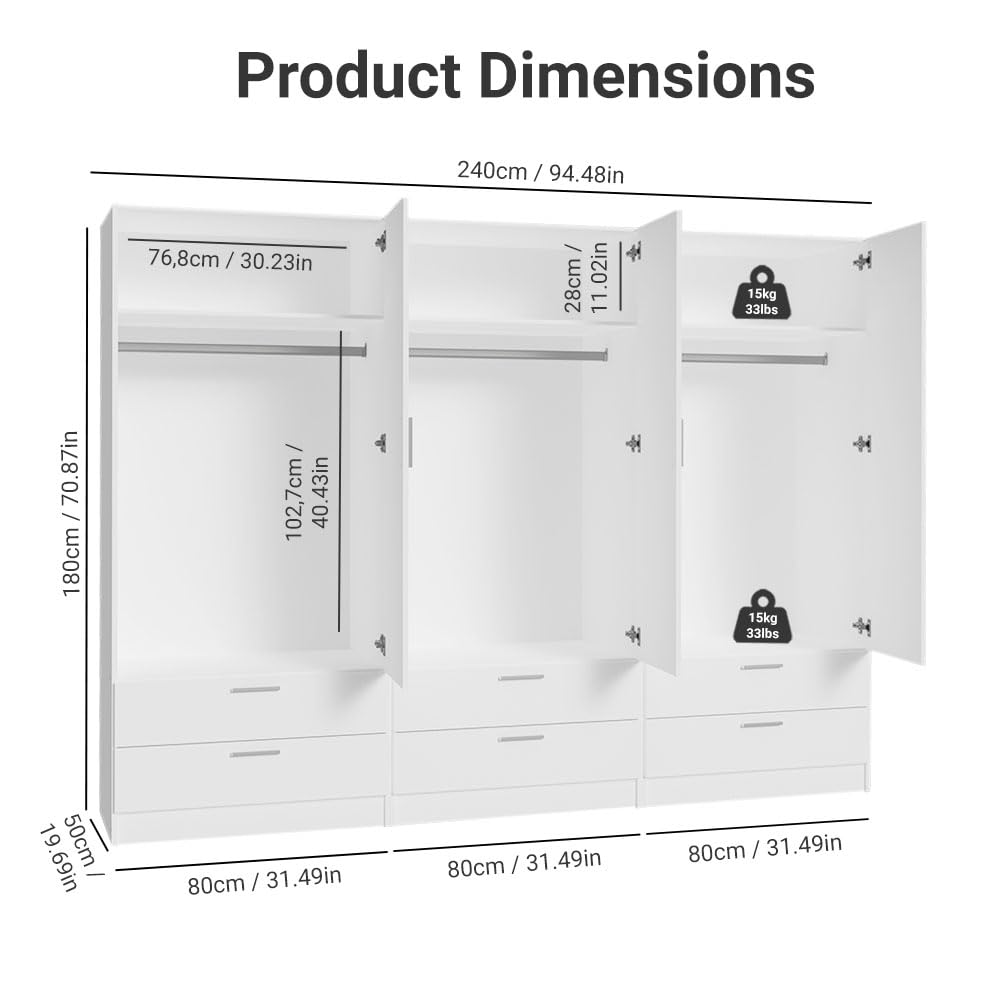 Madesa 6 Doors 6 Drawers Storage Cabinet Wardrobe with Shelves and Hanging Space 94" L Wooden Armoire Closet Organization Unit for Bedroom and Office (White) Madesa