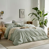 JELLYMONI 100% Natural Cotton 3pcs Striped Duvet Cover Sets,White Duvet Cover with Green Stripes Pattern Printed Comforter Cover,with Zipper Closure & Corner Ties(Full Size) JELLYMONI