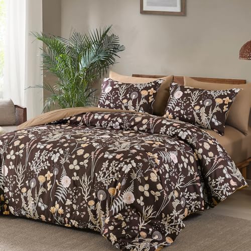 Yiran Brown Comforter Set King Size, 7 Piece Floral Comforter Bedding Set, Farmhouse Bed in a Bag, Soft Microfiber Complete Bedding Set with Sheets for All Season Yiran