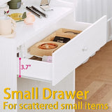 LIKIMIO Small Makeup Vanity Desk with Mirror and Lights, Vanity Table Set with Storage Drawer & Chair & 3 Shelves, Bedroom, White LIKIMIO