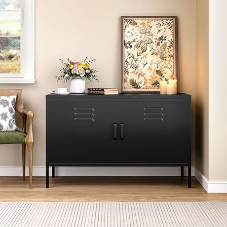 SISESOL Black Metal Storage Cabinet with Doors and Shelves,2 Door Wide Metal Locker Accent Storage Cabinet with Leg & Vent Hole,Wide TV Cabinets,Low Side Cupboard for Home,Office,Dining/Living Room SISESOL