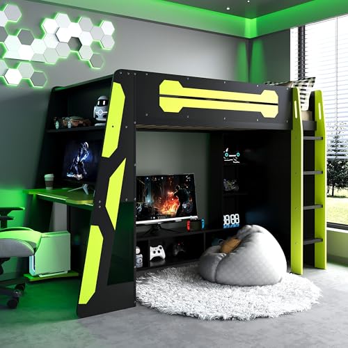 SOFTSEA Twin Gaming Loft Bed with Desk & RGB Lights, Wood Loft Bed Frame with Storage Shelves & Charging Station, Twin Size Gaming Bed for Teens & Kids Bedroom, Green SOFTSEA