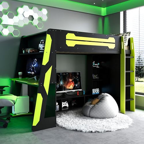 SOFTSEA Twin Gaming Loft Bed with Desk & RGB Lights, Wood Loft Bed Frame with Storage Shelves & Charging Station, Twin Size Gaming Bed for Teens & Kids Bedroom, Green SOFTSEA