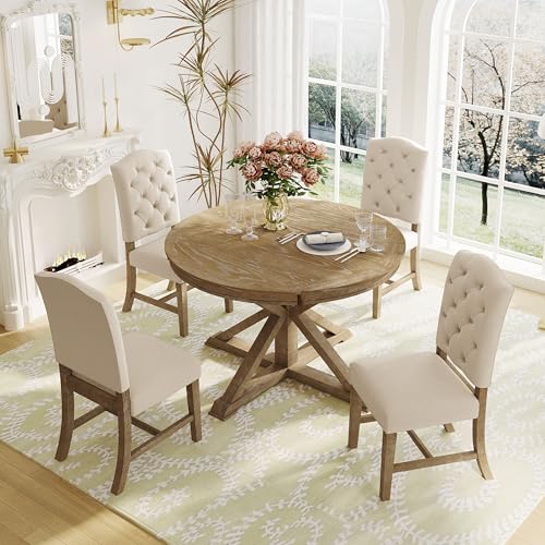 SCANORDIC 5-Piece Extendable Dining Table Set, Farmhouse Kitchen Table for 4 6 People with Removable Middle Leaf and 4 Upholstered Chairs, Round Dining Table for Kitchen, Dining Room, Natural SCANORDIC