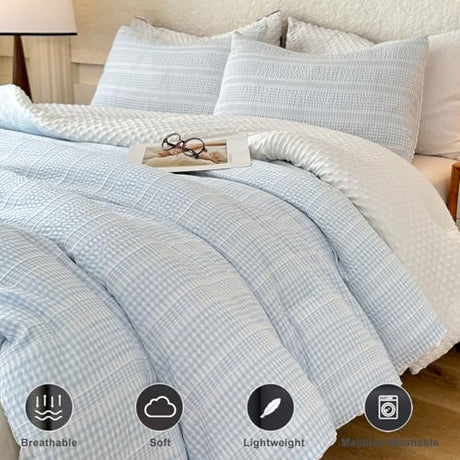 tohrisa Boho Comforter Set King Size - 3 Pieces Lightweight Jacquard Seersucker Bedding Sets (1 Soft Fluffy Grid Comforter & 2 Pillowcases) - All Seasons Cozy Modern Bed Set(104"x90" Sky Blue) tohrisa