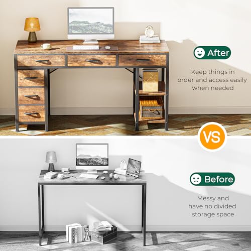 Huuger Computer Desk with 6 Drawers, 47 Inch Office Desk with Shelves, Reversible Gaming Desk, Corner Desk with Storage, Work Desk for Home Office, Study, Living Room, Rustic Brown Huuger