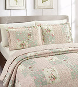 Brilliant Sunshine Rose and Sage Quilt Set, 3-Piece Bedding Sets, Traditional Patchwork Design, Washable and Reversible Bedspread, Soft Lightweight Coverlet, All-Season, Full/Queen, Light Pink Green Brilliant Sunshine