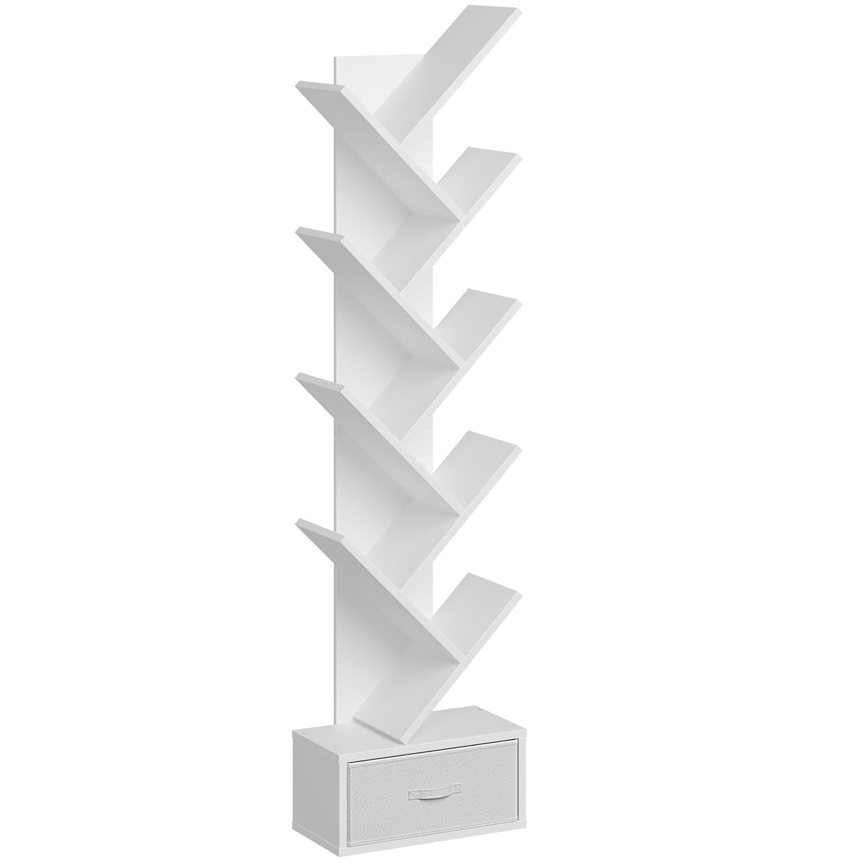 Rolanstar Tree Bookshelf with Drawer, 9 Shelf Bookshelf, Wooden Bookcase Storage Rack for CDs/Movies/Books, Corner Bookshelves, Utility Organizer Shelves for Living Room, Bedroom, White Rolanstar