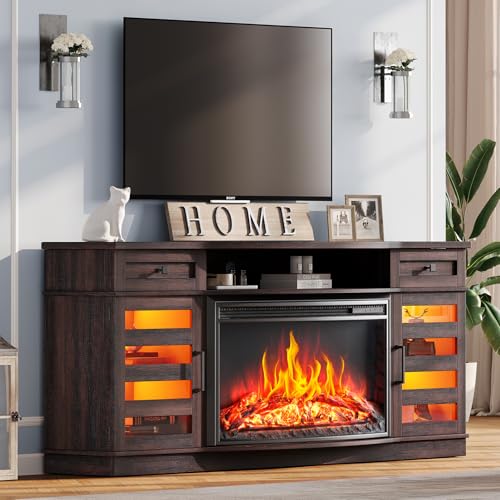 AMERLIFE 70" Curved Fireplace TV Stand with 36'' Electric Fireplace, Farmhouse LED Entertainment Center for TVs up to 80'' with Glass Doors & Adjustable Shelves, Espresso - WoodArtSupply