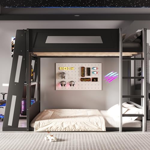 CKLMMC Queen Size Wooden Gaming Bunk Bed with Desk, Two Storage Shelves, USB and LED Light, Sturdy Loft Bed for Gamers & Small Spaces (Black+Grey1) CKLMMC