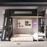 Merax Queen Over Queen Wooden Gaming Bunk Bed with Built-in Desk, LED Lights, USB Port, and 2 Storage Shelves, Solid Wood Gaming Loft Bed for for Bedroom, Black+Grey Merax