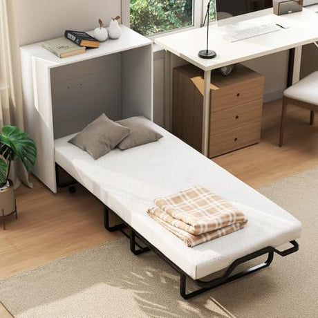 KOMFOTT Murphy Bed Cabinet, Rolling Folding Bed into Cabinet with Mattress & Lockable Wheels, Folding Bed Frame for Small Space, Roll Away Pull Out Murphy Bed for Guest Room Office (White) KOMFOTT