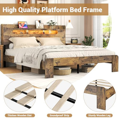 Zevemomo King Size Bed Frame with LED Headboard and Charging Station - WoodArtSupply