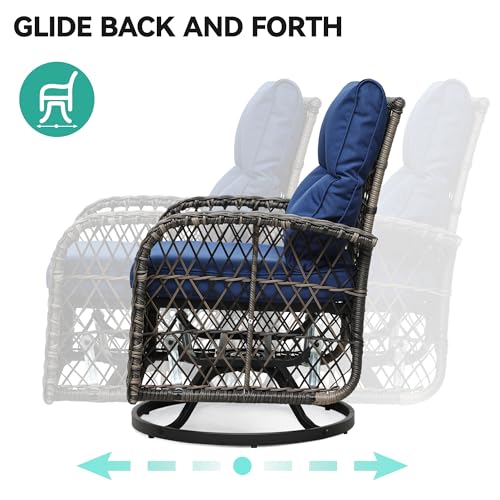 YITAHOME 3 Piece Patio Outdoor Swivel Glider Rocker Wicker Patio Bistro Rocking Set with Wood-Grain Table for Garden, Backyard and Balcony (Navy Blue) - WoodArtSupply