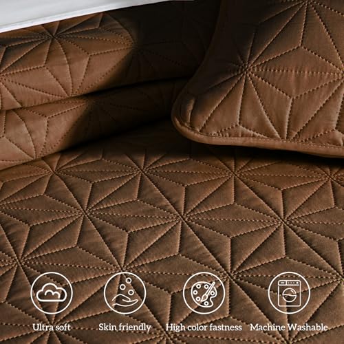 Whale Flotilla King Quilt Bedding Set, Soft Brown Bedspreads Quilts King Size for All Seasons, 3 Pieces Lightweight Geometric Star Pattern Coverlet Whale Flotilla