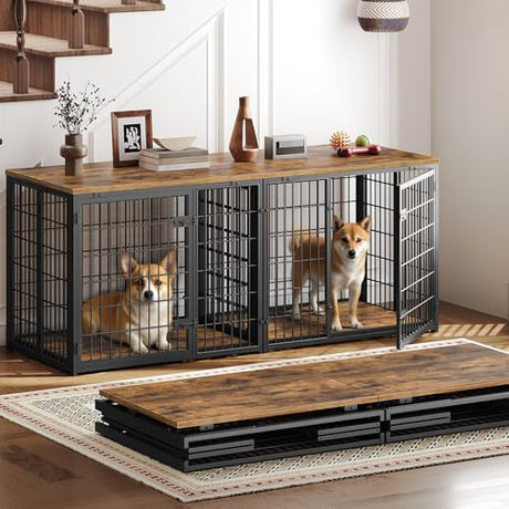 YATINEY Foldable Dog Crate Furniture for 2 Dogs, 63'' Double Dog Kennel Indoor with Removable Divider, Heavy Duty Dog Cage, for Small/Medium/Large Dog, TV Stand, Rustic Brown DC160BR YATINEY