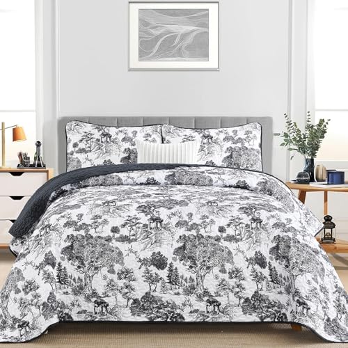 WONGS BEDDING Botanical Quilt Set King Size, Black 3 Pieces Toile Floral Plants Printed Bedspread Bedding Set Soft Lightweight Microfiber Coverlet Set for All Season (104"x90") WONGS BEDDING