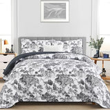 WONGS BEDDING Botanical Quilt Set King Size, Black 3 Pieces Toile Floral Plants Printed Bedspread Bedding Set Soft Lightweight Microfiber Coverlet Set for All Season (104"x90") WONGS BEDDING