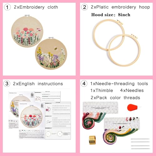 Flowers Embroidery Kits for Beginners Adults, Floral Hand Embroidery Set Needlepoint Kits, Stamped Cross Stitch Kits for Beginners Adults, 2 Embroidery Hoops, Fabric, Thread (Attached Video Tutorial)