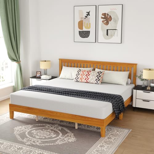 PayLessHere Solid Wood Platform Bed Frame with Headboard - King Size, Brown, No Box Spring Required - WoodArtSupply