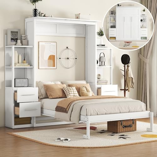 Ball & Cast Murphy Bed Cabinet Full Size,Wall Hideaway Bed with Shelves,can be Folded,Wood Foldable Frame W/Drawers and LED Lights,Slat Support,for for Apartment,Bedroom,White Ball & Cast