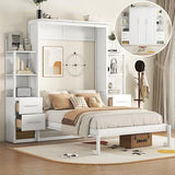Ball & Cast Murphy Bed Cabinet Full Size,Wall Hideaway Bed with Shelves,can be Folded,Wood Foldable Frame W/Drawers and LED Lights,Slat Support,for for Apartment,Bedroom,White Ball & Cast