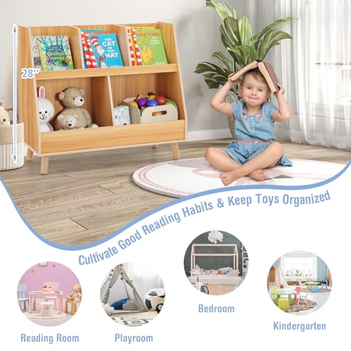 Costzon Toy Organizers and Storage with Bookshelf, 5 Cubbies Wooden Toy Cabinet and Montessori Bookcase with Solid Legs, Freestanding Display Toy Shelf for Kids Room, Playroom, Bedroom, Nursery