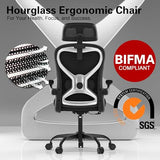 Ergonomic Office Chair, Mesh Desk Chair with Headrest, Lumbar Support, Thick Seat Cushion, Flip-up Arms, High Back Computer Task Chairs for Home Office (English, Black/Silver) CASASIO