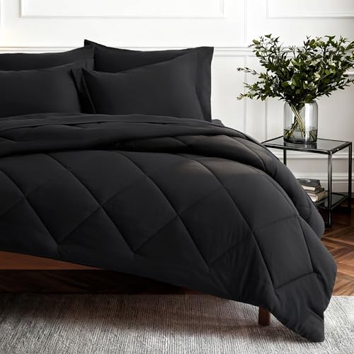 Bedsure Premium Series 7 Piece Black Queen Comforter Set, Goose Down Alternative, All Season Medium Warmth, Soft Hotel Luxury Bed in a Bag, Safe for Sensitive Skin, Includes Sheets Pillowcases Shams Bedsure