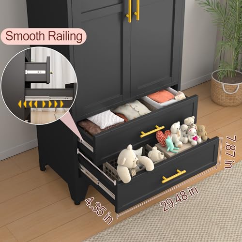 Metal Wardrobe Closet with 2 Doors & 2 Drawers, 71" Tall Armoire Wardrobe Closet with Hanging Rods and Adjustable Shelf, Steel Wardrobe Storage Cabinet for Bedroom-Black winiowa