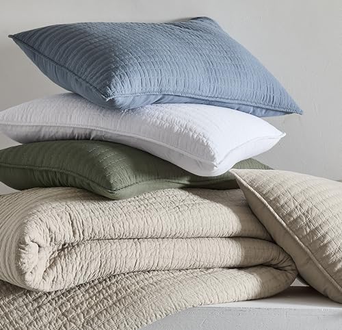 WDCOZY 100% Cotton King Size Quilt Set - Olive Green Striped Pick Stitch Soft Lightweight Bedspread, Textured Like Linen, Farmhouse Country Rustic Coverlet, Shabby Chic Gauze Bedding, 3 Pieces WDCOZY