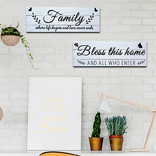 Jetec Wooden Family Signs Rustic Bless This Home Wood Family Decor Wall Art Farmhouse Entryway Decoration for Bedroom Living Room Office, 13.8 x 4.7 Inch (White) Jetec