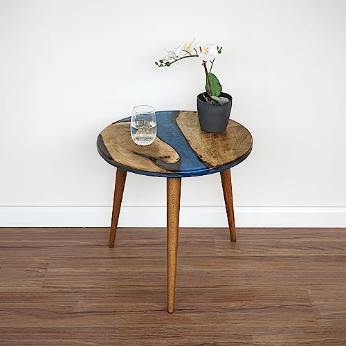 20" Resin Walnut Round Side Table | Epoxy End Table | Coffee Table | Mid Century Modern Resin Walnut | Living Room Furniture | Blue Color Ultimate Premium Products
