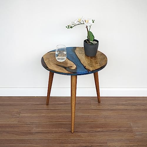 20" Resin Walnut Round Side Table | Epoxy End Table | Coffee Table | Mid Century Modern Resin Walnut | Living Room Furniture | Blue Color