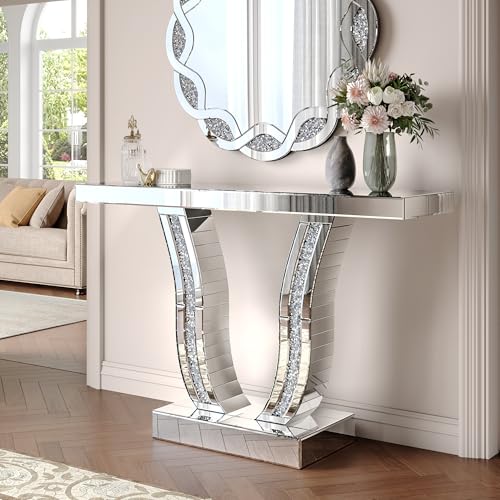 LUMISOL Mirrored Console Table, 43 Inch Silver Entryway Table with Curved Stone-Inlaid Legs, Modern Mirror-Decorated Sofa Table Behind Couch, Side Table for Living Room Foyer Hallway, Silver LUMISOL