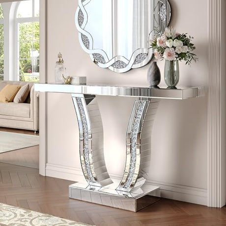 LUMISOL Mirrored Console Table, 43 Inch Silver Entryway Table with Curved Stone-Inlaid Legs, Modern Mirror-Decorated Sofa Table Behind Couch, Side Table for Living Room Foyer Hallway, Silver LUMISOL