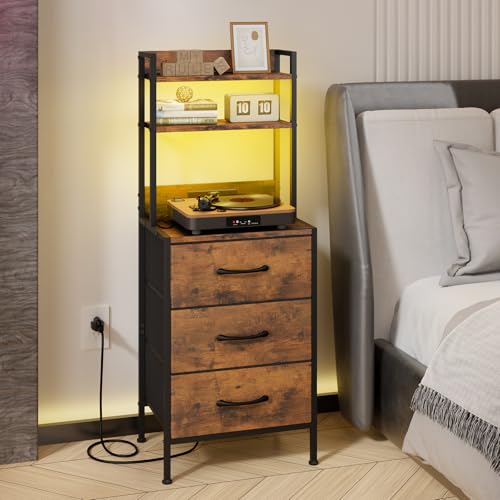 Fixwal 41 Inch Tall Nightstand with Charging Station, Led Night Stand with U-S-B Port & Socket, 3 PU Finished Fabric Storage Drawers, Office, Bedside Table & Bookshelf in One, Rustic Brown Fixwal