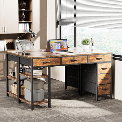 Huuger Computer Desk with 6 Drawers, 47 Inch Office Desk with Shelves, Reversible Gaming Desk, Corner Desk with Storage, Work Desk for Home Office, Study, Living Room, Rustic Brown Huuger