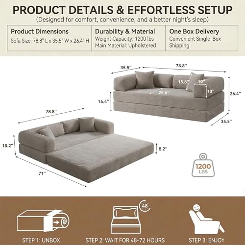 NAYA 79" Convertible Sofa Bed, 4-in-1 Corduroy Boneless Futon Couch, Folding Sleeper Sofa, No Assembly Floor Couch for Living Room, Bedroom, Apartment, Grey NAYA
