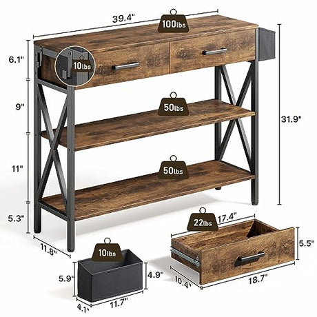Gizoon 39" Rustic Brown Industrial Console Table with 2 Drawers and 3-Tier Storage Shelves Gizoon