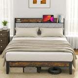 DUMOS Queen Bed Frame with Headboard, Storage Headboard with USB Charging Station, Durable Squeak-Free Frame, Simple No-Tool Assembly,Works with Queen Mattress No Box Spring Needed DUMOS