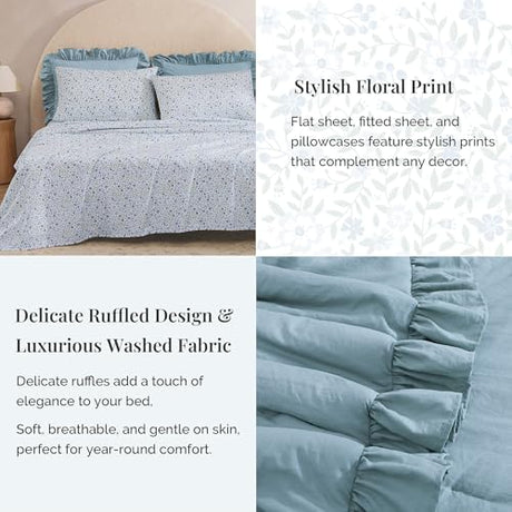 BLOOMHAVEN Queen Comforter Set - 7 Pieces Ruffle Blue Bedding Sets, Shabby Chic Farmhouse Bed in a Bag Queen with Ruffle Comforter, Floral Sheets, Pillowcases & Shams BLOOMHAVEN