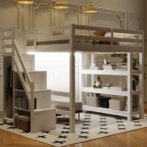 Harper & Bright Designs Full Size Loft Bed with Stairs and LED Lights, Wood Full Loft Bed with Storage Shelves and Wardrobe, Loft Bed Frame with Guardrails for Kids Girls Boys, White Harper & Bright Designs